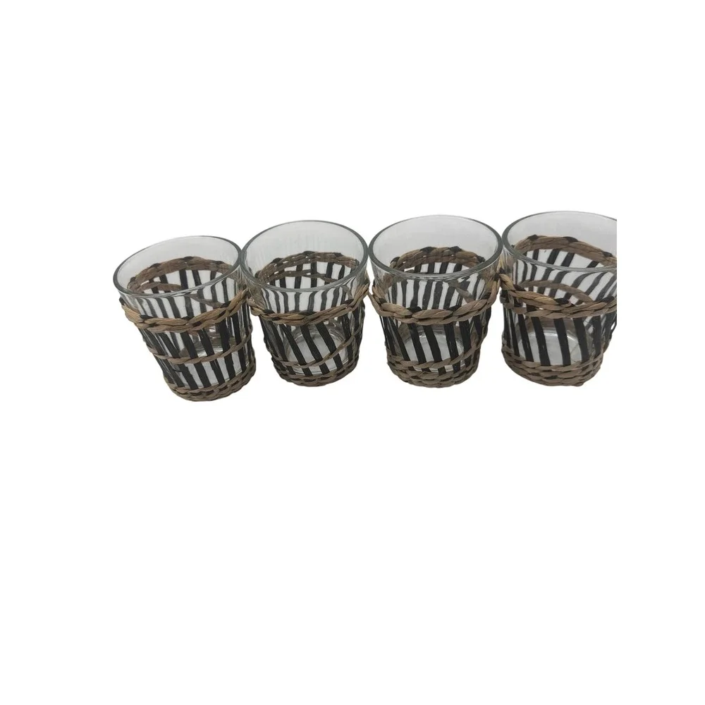 Woven Rattan Wrapped Glass Tumblers Whisky Glasses Set of 4 Natural Black Boho